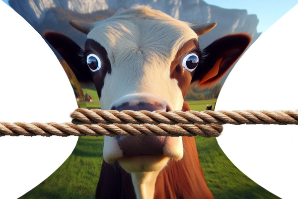 Rope around image of cow with bulging eyes