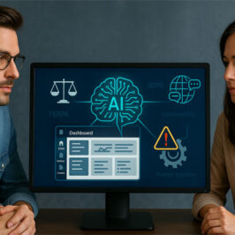 Man and woman next to Monitor displaying AI and a dashboard.