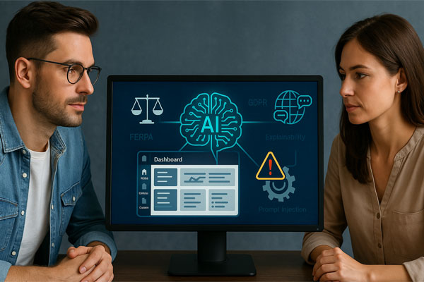 Man and woman next to Monitor displaying AI and a dashboard.